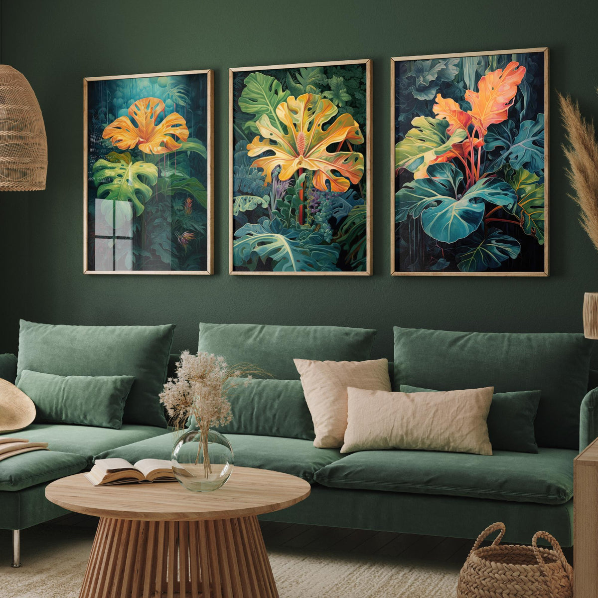 Glowing Tropical Leaves Set of Three Art Prints - Golden Monstera in a Dark Jungle - Moody Botanical Painting Poster