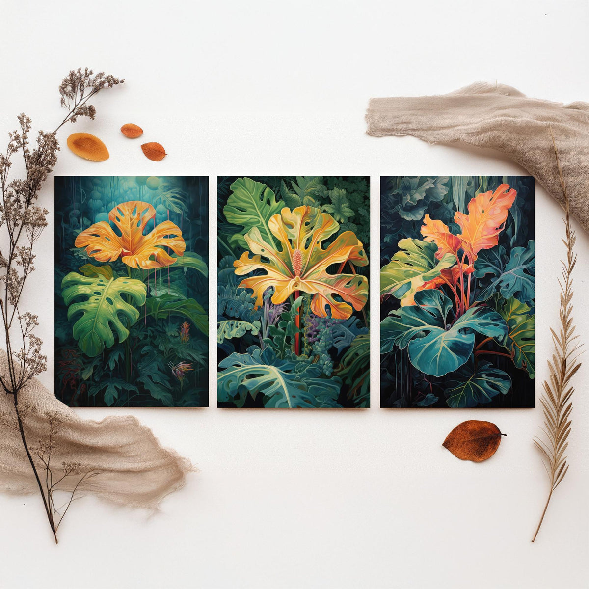 Glowing Tropical Leaves Set of Three Art Prints - Golden Monstera in a Dark Jungle - Moody Botanical Painting Poster