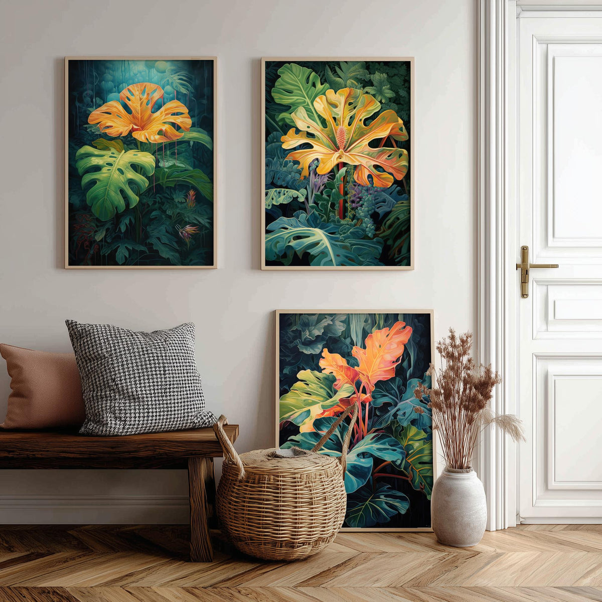 Glowing Tropical Leaves Set of Three Art Prints - Golden Monstera in a Dark Jungle - Moody Botanical Painting Poster