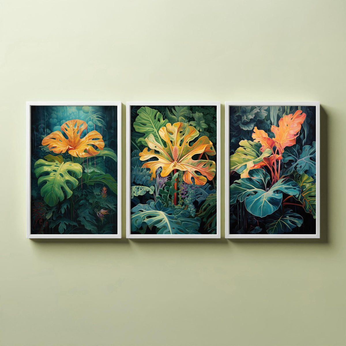 Glowing Tropical Leaves Set of Three Art Prints - Golden Monstera in a Dark Jungle - Moody Botanical Painting Poster