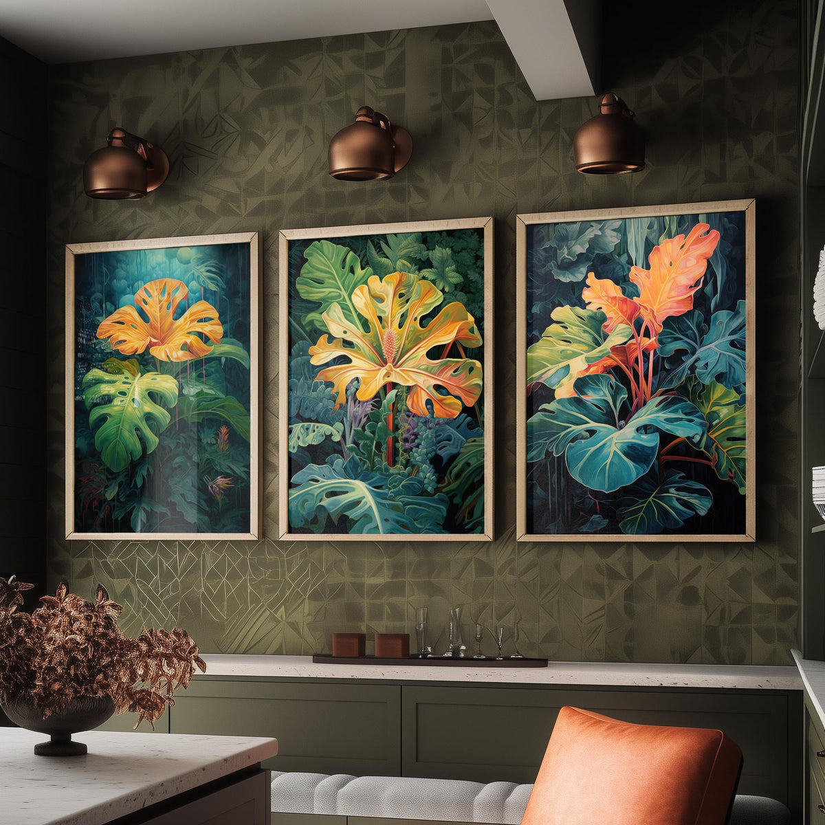 Glowing Tropical Leaves Set of Three Art Prints - Golden Monstera in a Dark Jungle - Moody Botanical Painting Poster
