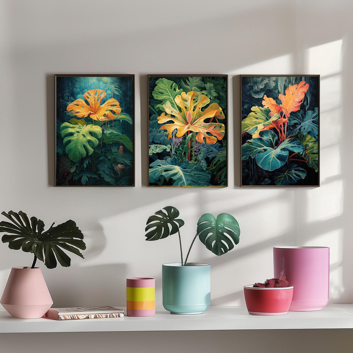 Glowing Tropical Leaves Set of Three Art Prints - Golden Monstera in a Dark Jungle - Moody Botanical Painting Poster