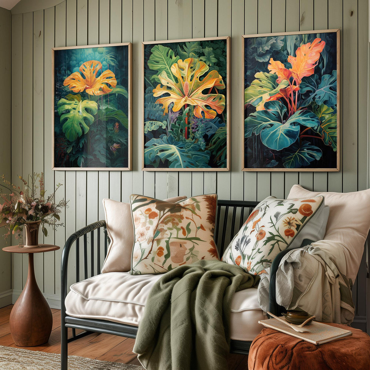 Glowing Tropical Leaves Set of Three Art Prints - Golden Monstera in a Dark Jungle - Moody Botanical Painting Poster