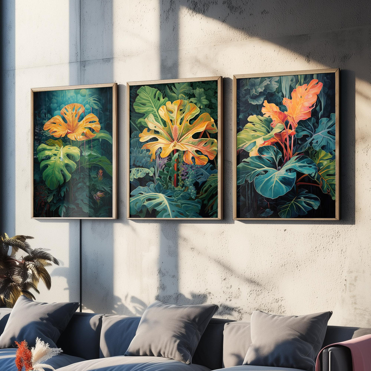 Glowing Tropical Leaves Set of Three Art Prints - Golden Monstera in a Dark Jungle - Moody Botanical Painting Poster