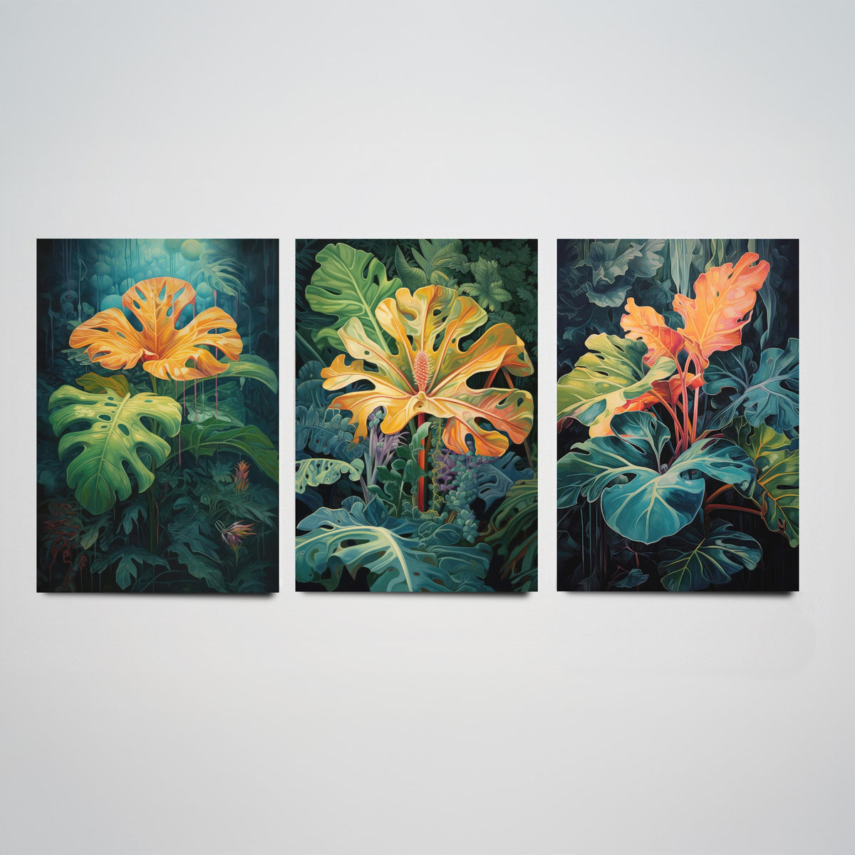 Glowing Tropical Leaves Set of Three Art Prints - Golden Monstera in a Dark Jungle - Moody Botanical Painting Poster