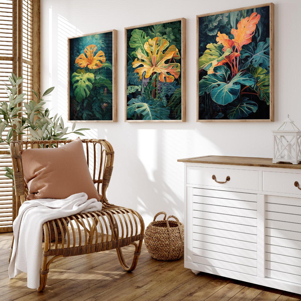 Glowing Tropical Leaves Set of Three Art Prints - Golden Monstera in a Dark Jungle - Moody Botanical Painting Poster