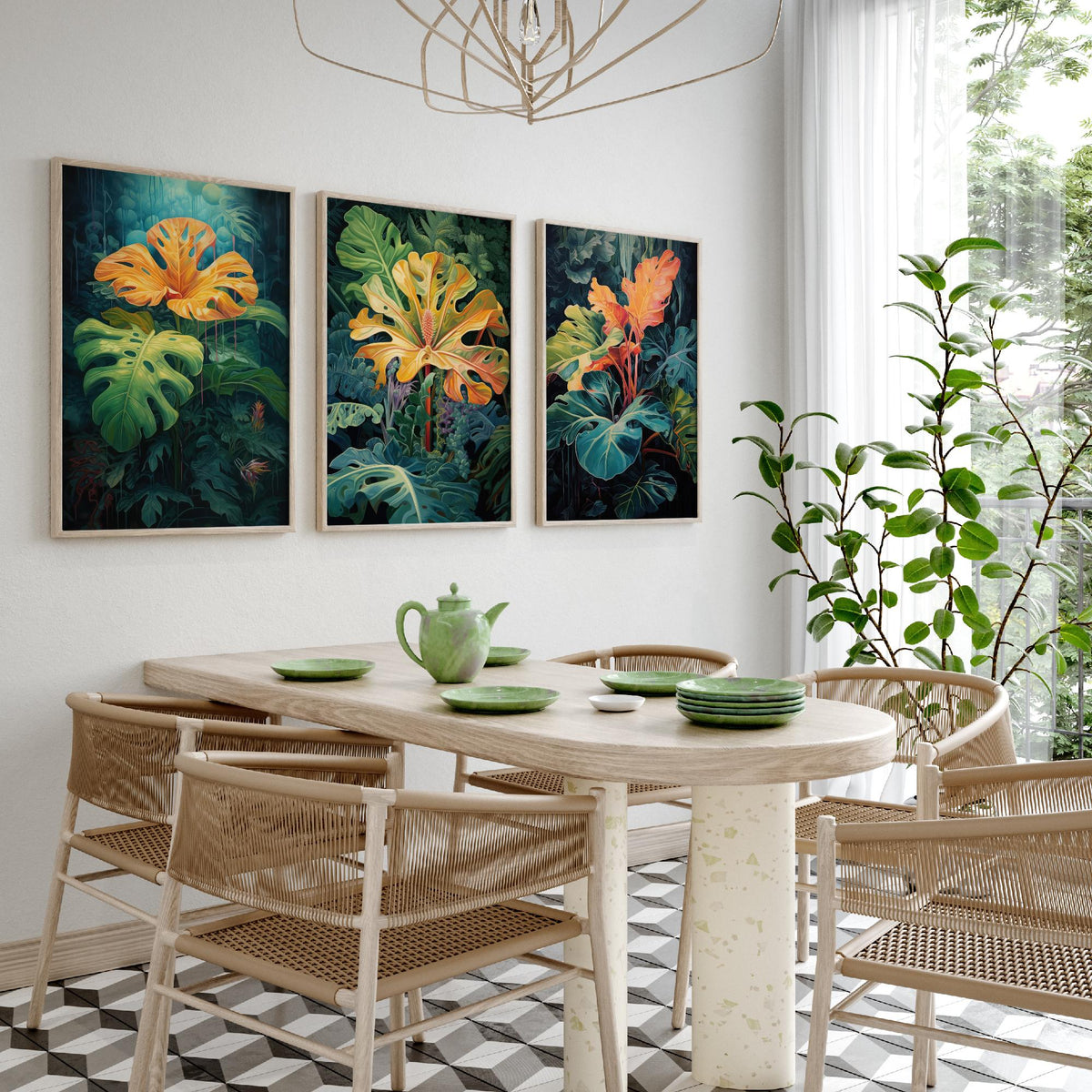 Glowing Tropical Leaves Set of Three Art Prints - Golden Monstera in a Dark Jungle - Moody Botanical Painting Poster