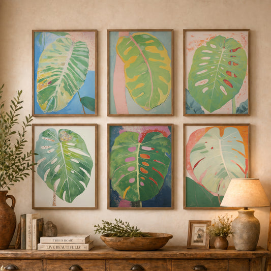 Set of Six Pastel Monstera Leaf Art Prints - 6 Soft Green Botanical Posters - Swiss Cheese Plant Foliage Painting