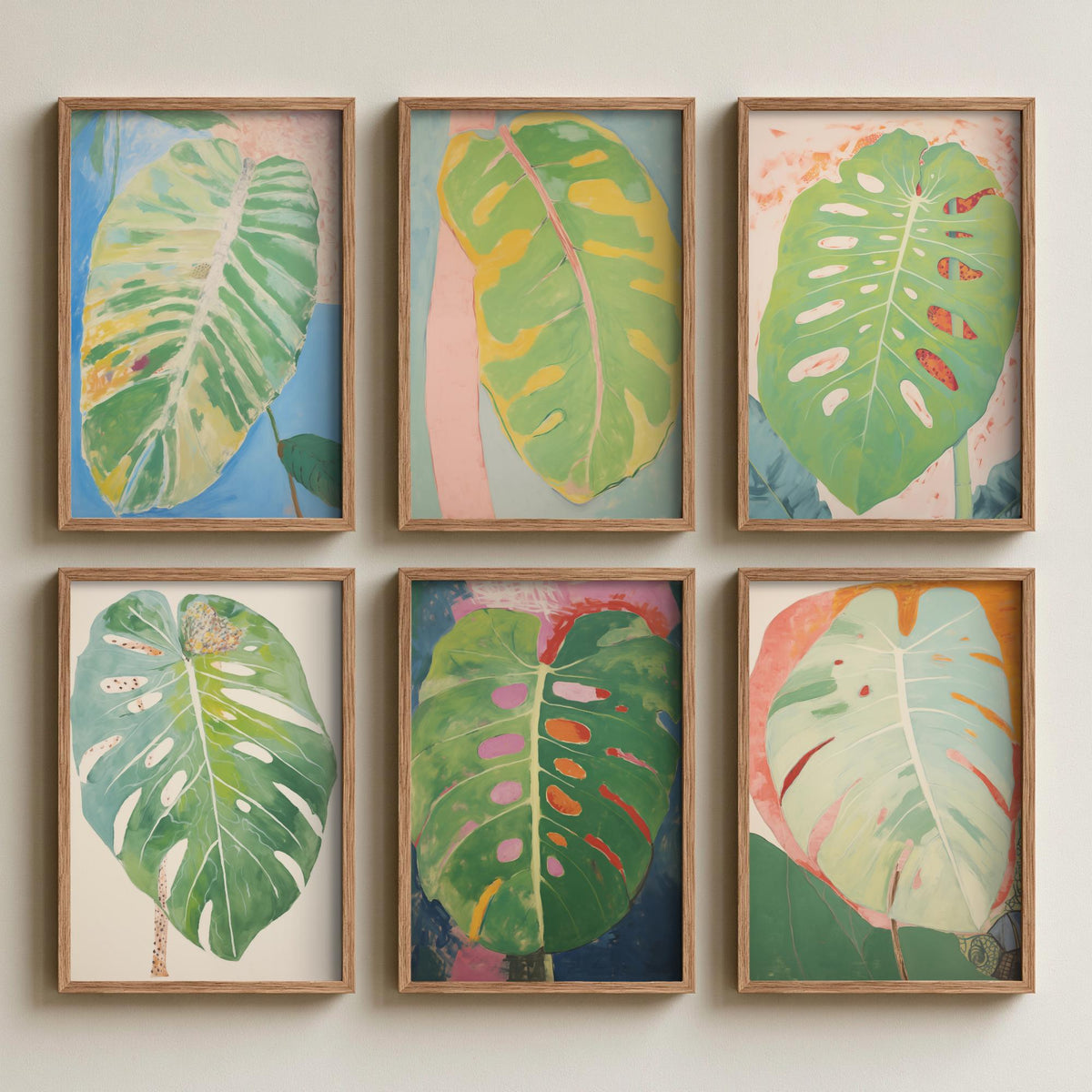 Set of Six Pastel Monstera Leaf Art Prints - 6 Soft Green Botanical Posters - Swiss Cheese Plant Foliage Painting