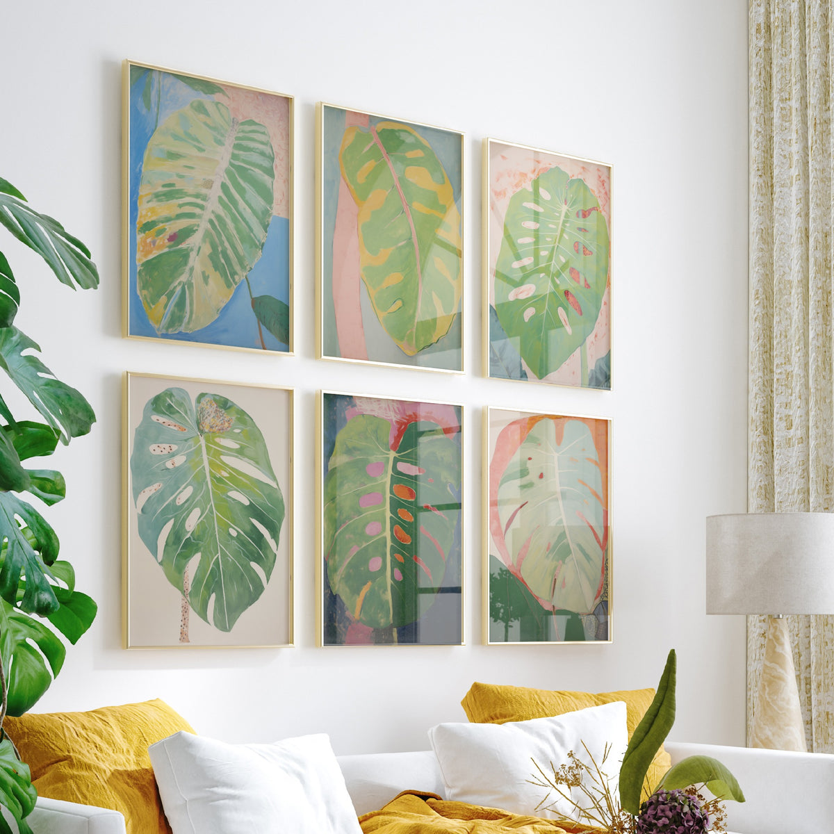Set of Six Pastel Monstera Leaf Art Prints - 6 Soft Green Botanical Posters - Swiss Cheese Plant Foliage Painting