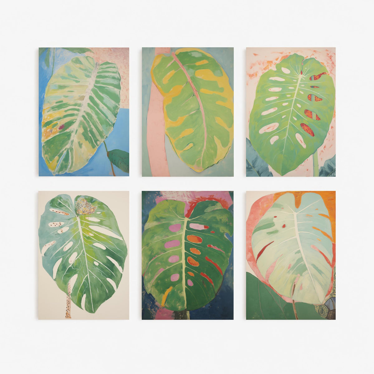 Set of Six Pastel Monstera Leaf Art Prints - 6 Soft Green Botanical Posters - Swiss Cheese Plant Foliage Painting