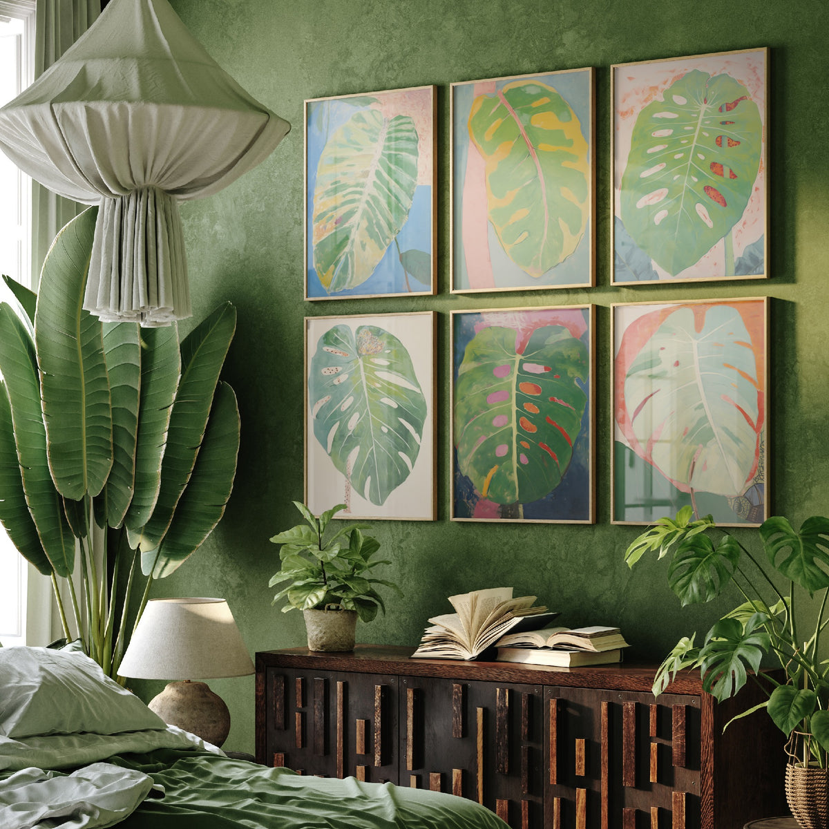 Set of Six Pastel Monstera Leaf Art Prints - 6 Soft Green Botanical Posters - Swiss Cheese Plant Foliage Painting
