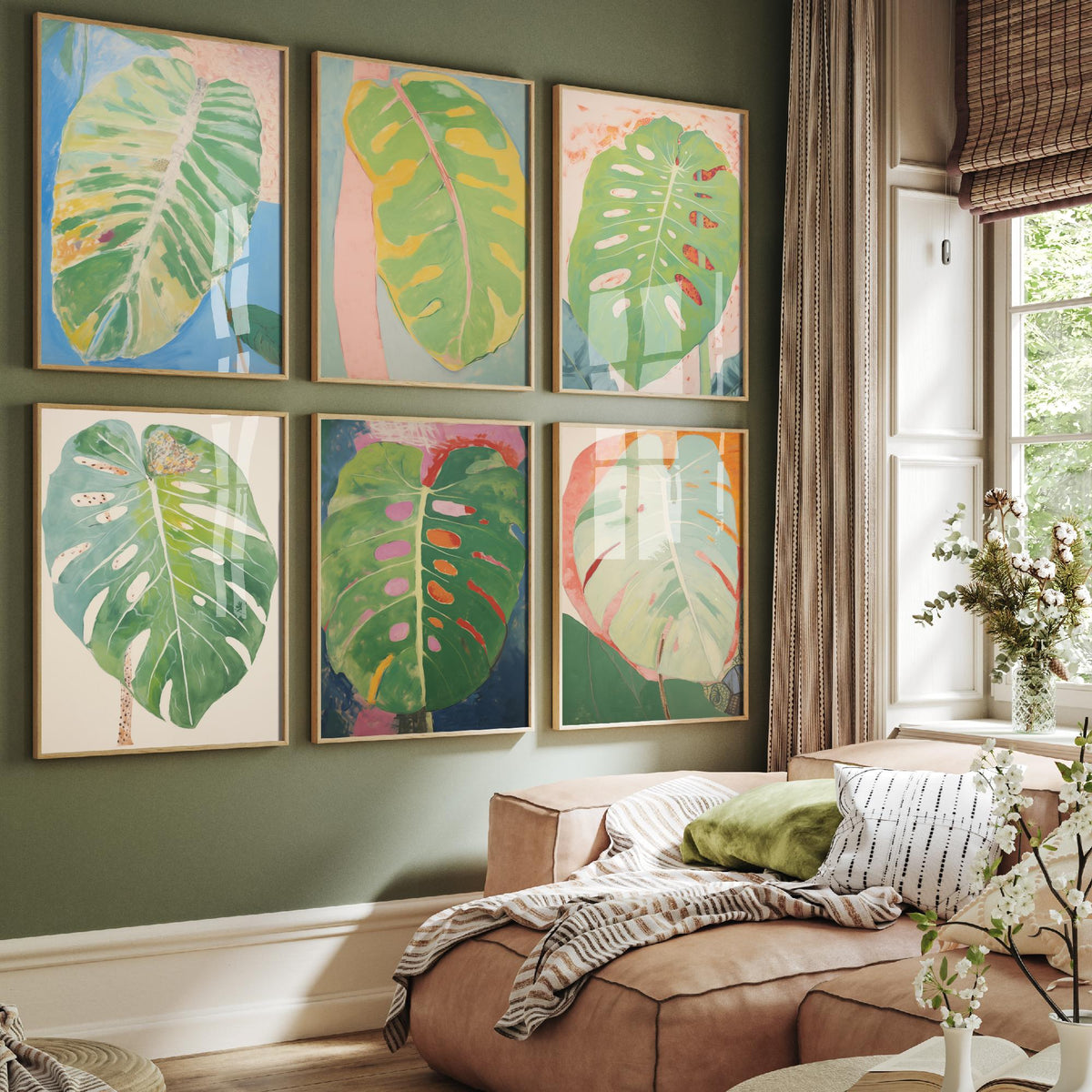 Set of Six Pastel Monstera Leaf Art Prints - 6 Soft Green Botanical Posters - Swiss Cheese Plant Foliage Painting