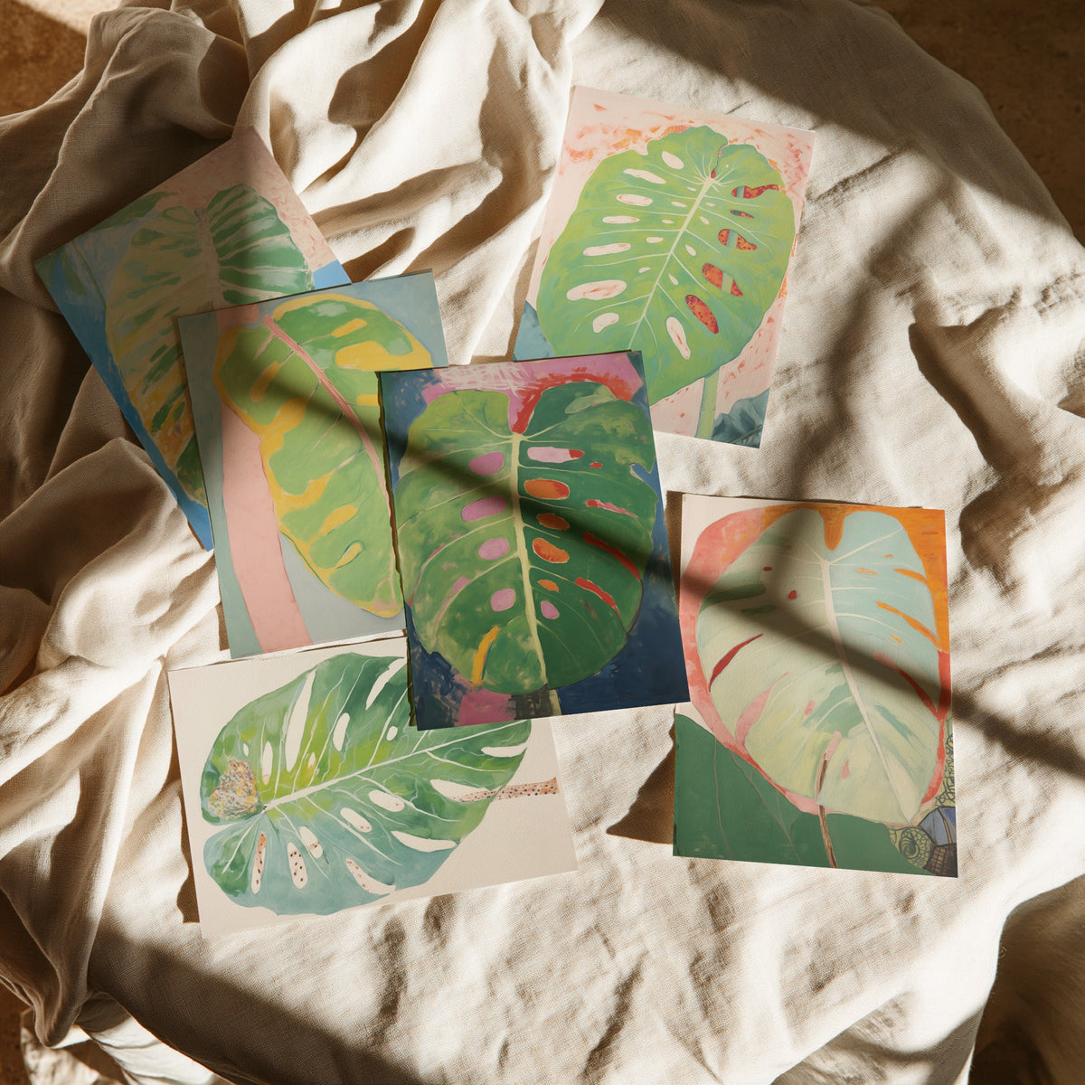 Set of Six Pastel Monstera Leaf Art Prints - 6 Soft Green Botanical Posters - Swiss Cheese Plant Foliage Painting