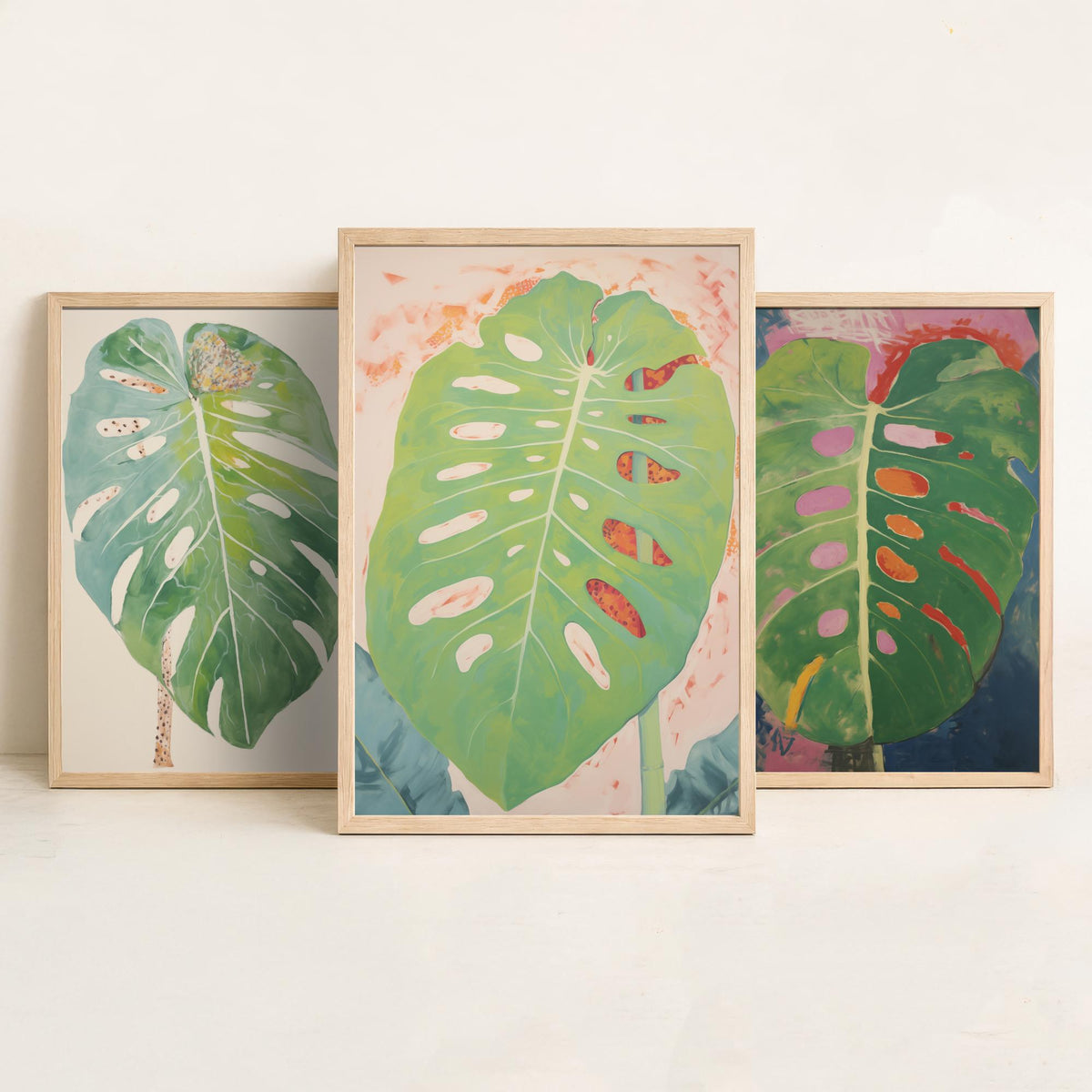 Soft Monstera Leaves Set of Three Art Prints - Pastel Sage and Blush - Light Botanical Painting Poster V1