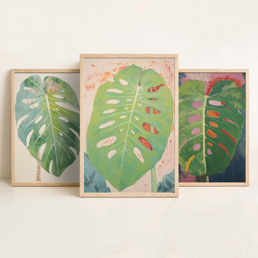 Soft Monstera Leaves Set of Three Art Prints - Pastel Sage and Blush - Light Botanical Painting Poster V1