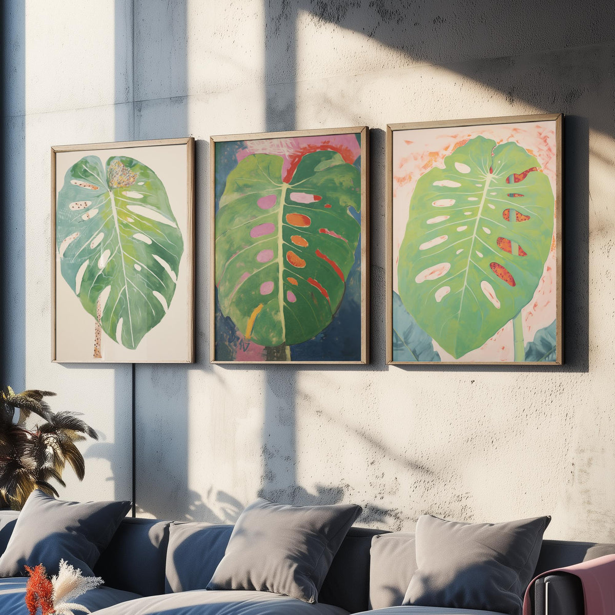 Soft Monstera Leaves Set of Three Art Prints - Pastel Sage and Blush - Light Botanical Painting Poster V1