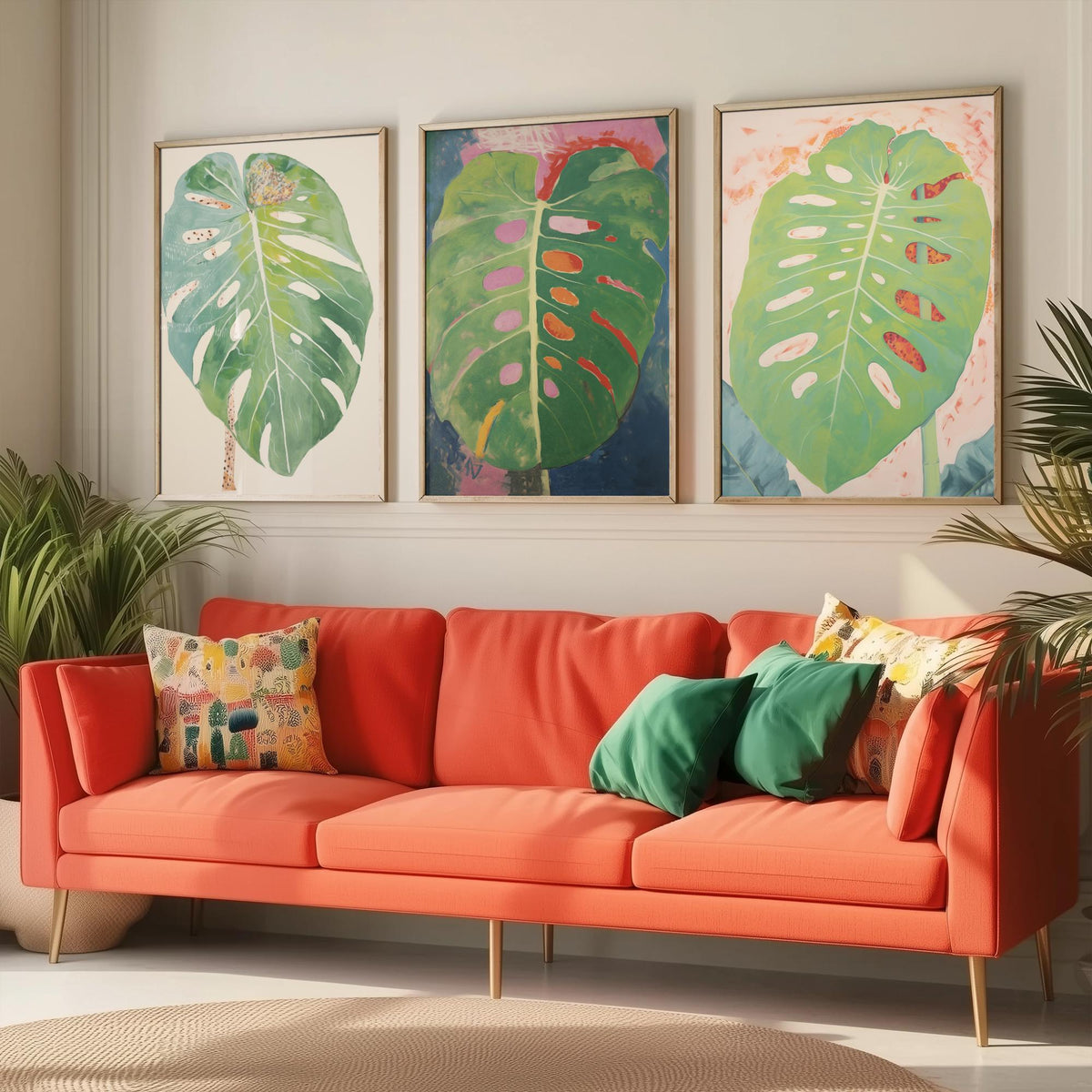 Soft Monstera Leaves Set of Three Art Prints - Pastel Sage and Blush - Light Botanical Painting Poster V1