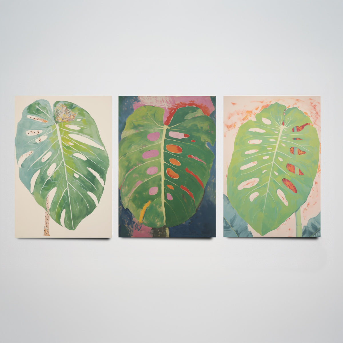 Soft Monstera Leaves Set of Three Art Prints - Pastel Sage and Blush - Light Botanical Painting Poster V1