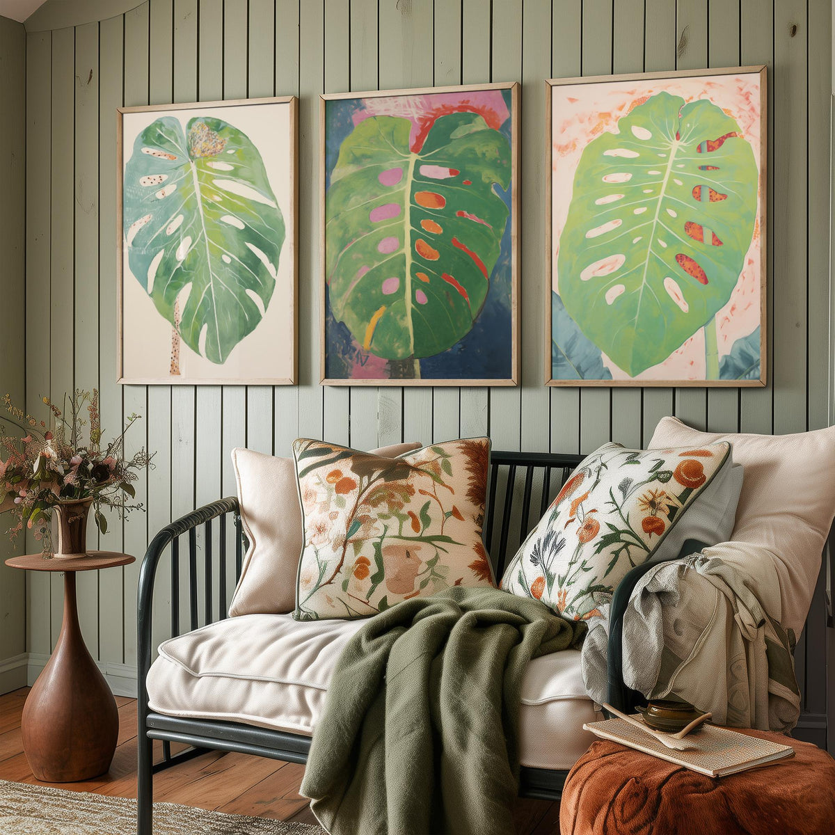 Soft Monstera Leaves Set of Three Art Prints - Pastel Sage and Blush - Light Botanical Painting Poster V1