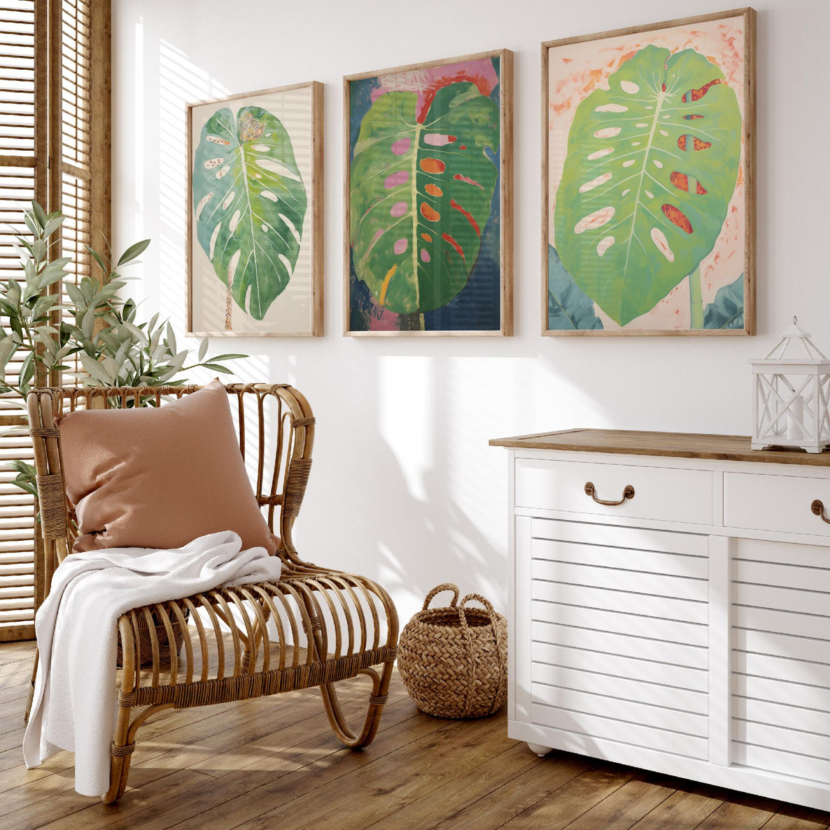 Soft Monstera Leaves Set of Three Art Prints - Pastel Sage and Blush - Light Botanical Painting Poster V1