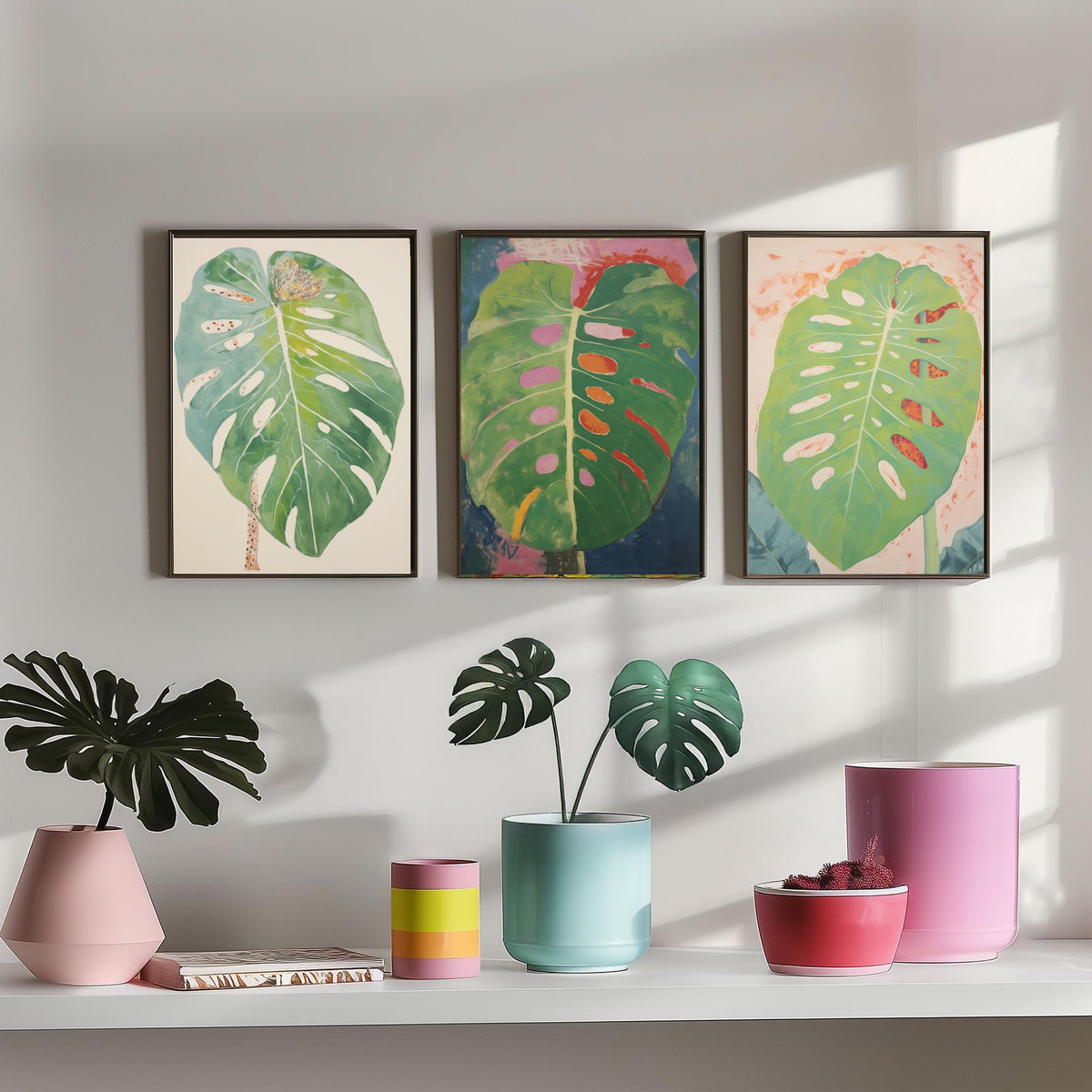 Soft Monstera Leaves Set of Three Art Prints - Pastel Sage and Blush - Light Botanical Painting Poster V1