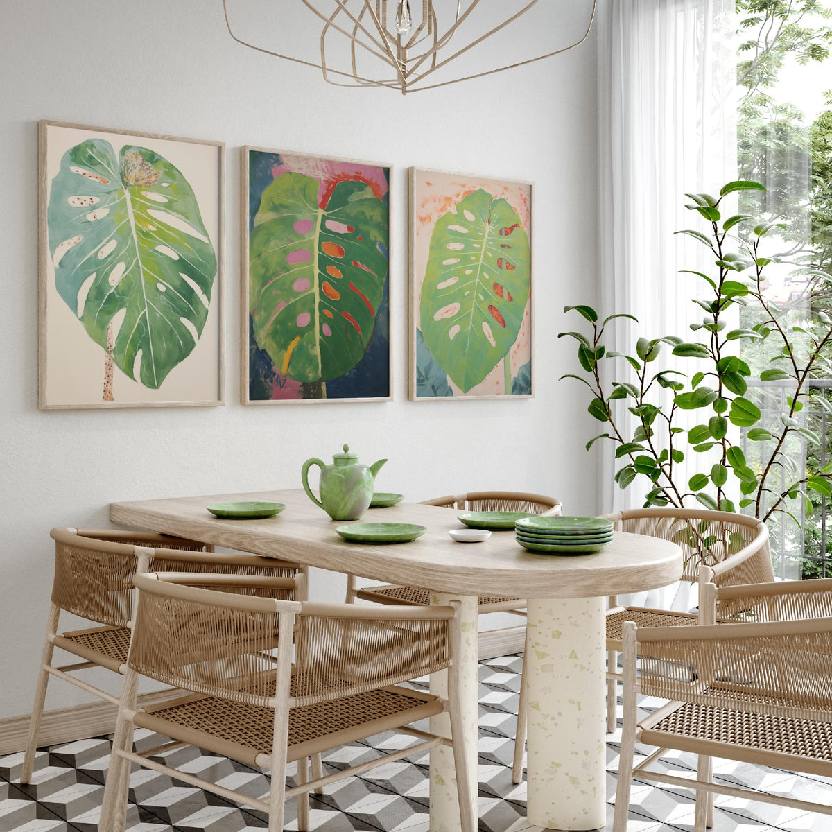 Soft Monstera Leaves Set of Three Art Prints - Pastel Sage and Blush - Light Botanical Painting Poster V1