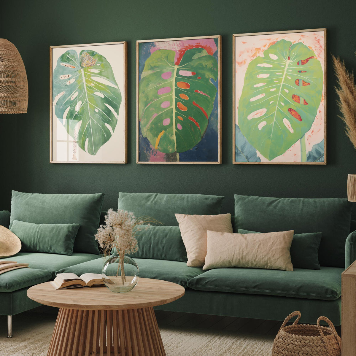 Soft Monstera Leaves Set of Three Art Prints - Pastel Sage and Blush - Light Botanical Painting Poster V1