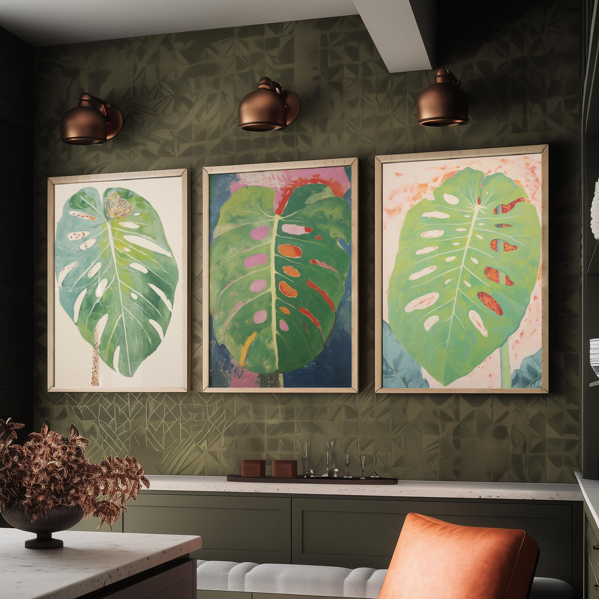 Soft Monstera Leaves Set of Three Art Prints - Pastel Sage and Blush - Light Botanical Painting Poster V1