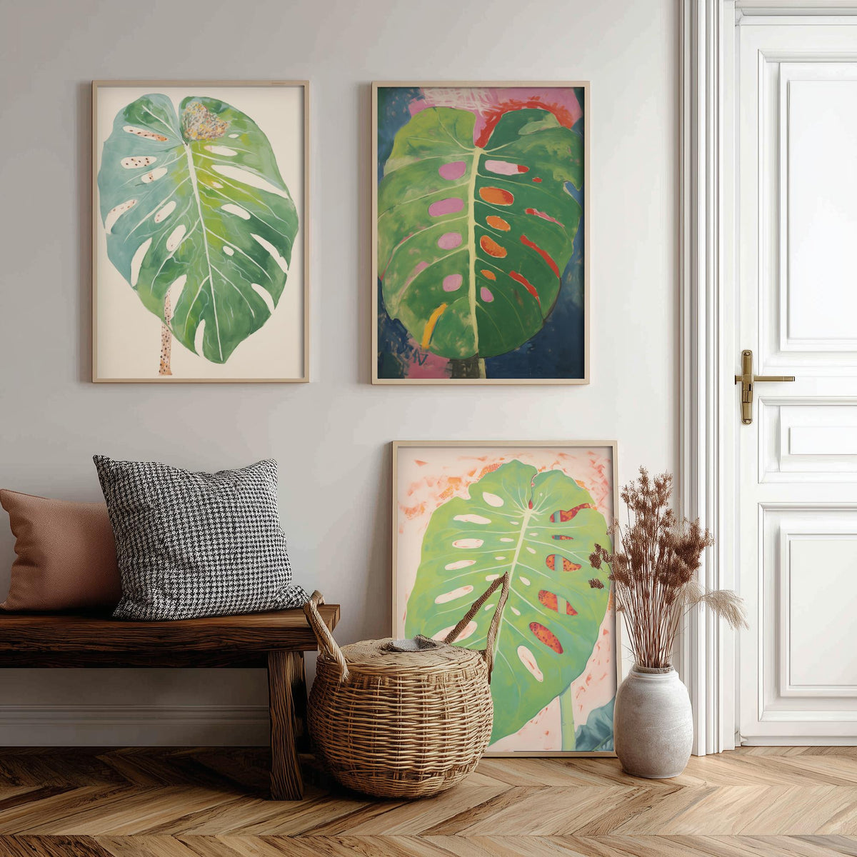 Soft Monstera Leaves Set of Three Art Prints - Pastel Sage and Blush - Light Botanical Painting Poster V1