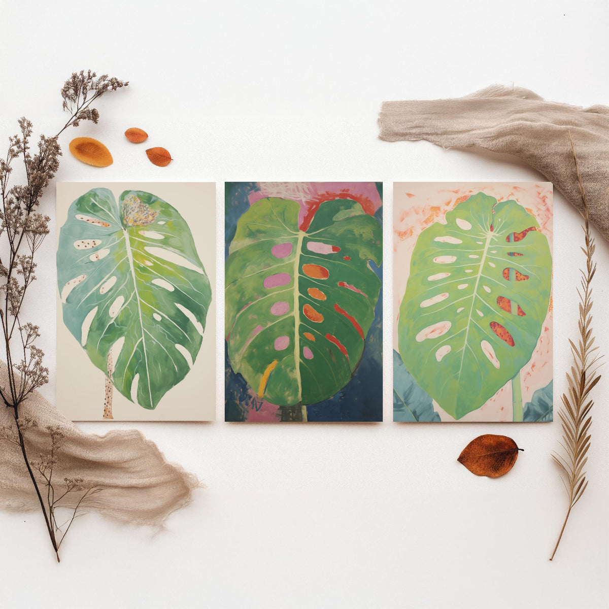 Soft Monstera Leaves Set of Three Art Prints - Pastel Sage and Blush - Light Botanical Painting Poster V1