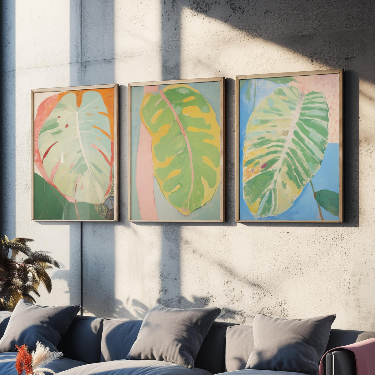 Soft Painted Leaves Set of Three Art Prints - Sage, Lemon and Sky Blue - Light Botanical Painting Poster V2