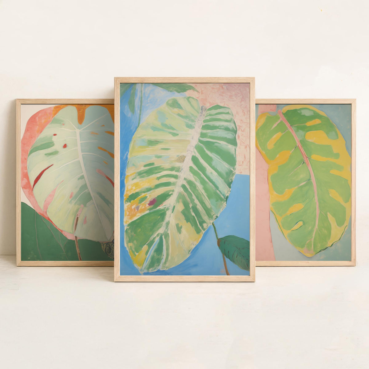 Soft Painted Leaves Set of Three Art Prints - Sage, Lemon and Sky Blue - Light Botanical Painting Poster V2
