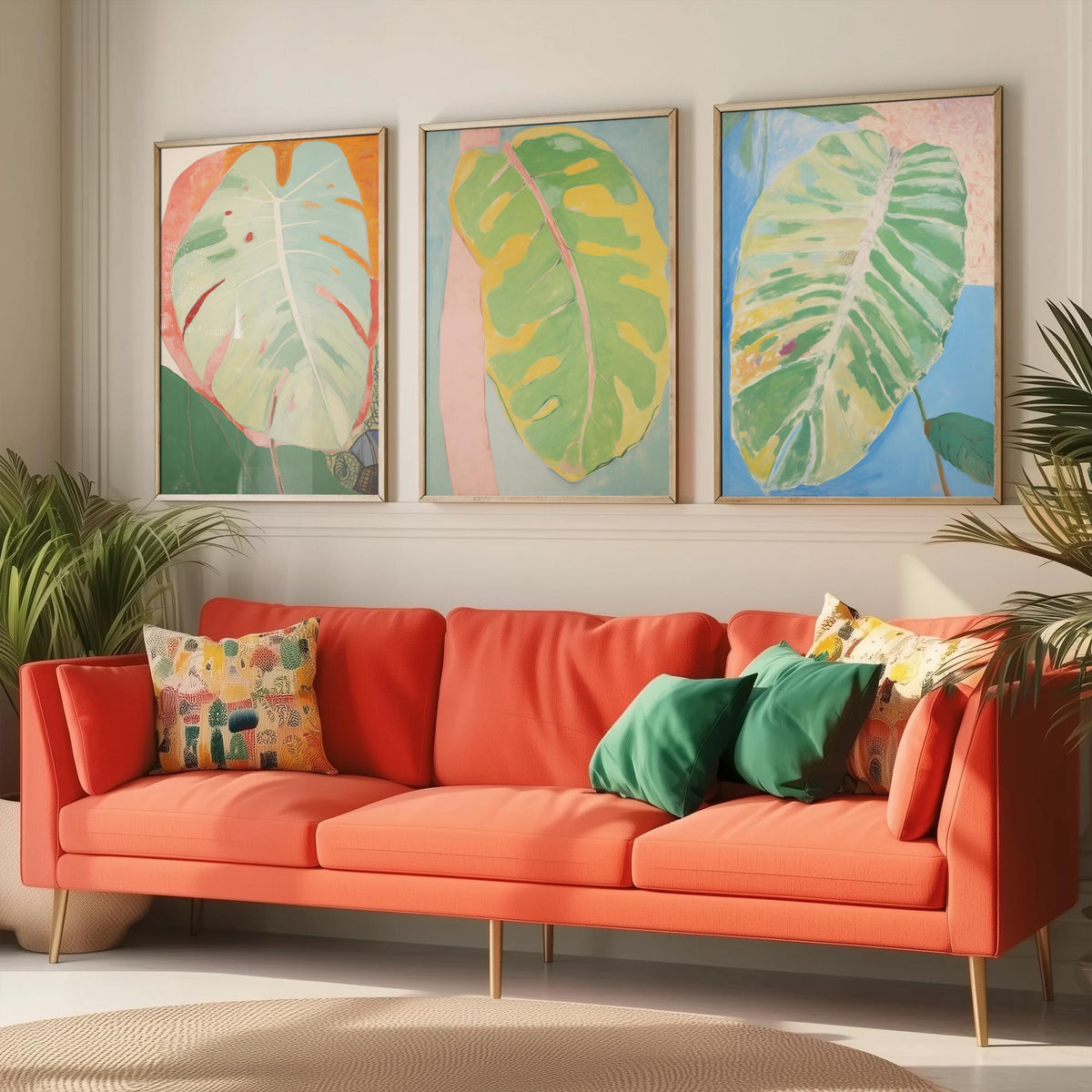 Soft Painted Leaves Set of Three Art Prints - Sage, Lemon and Sky Blue - Light Botanical Painting Poster V2