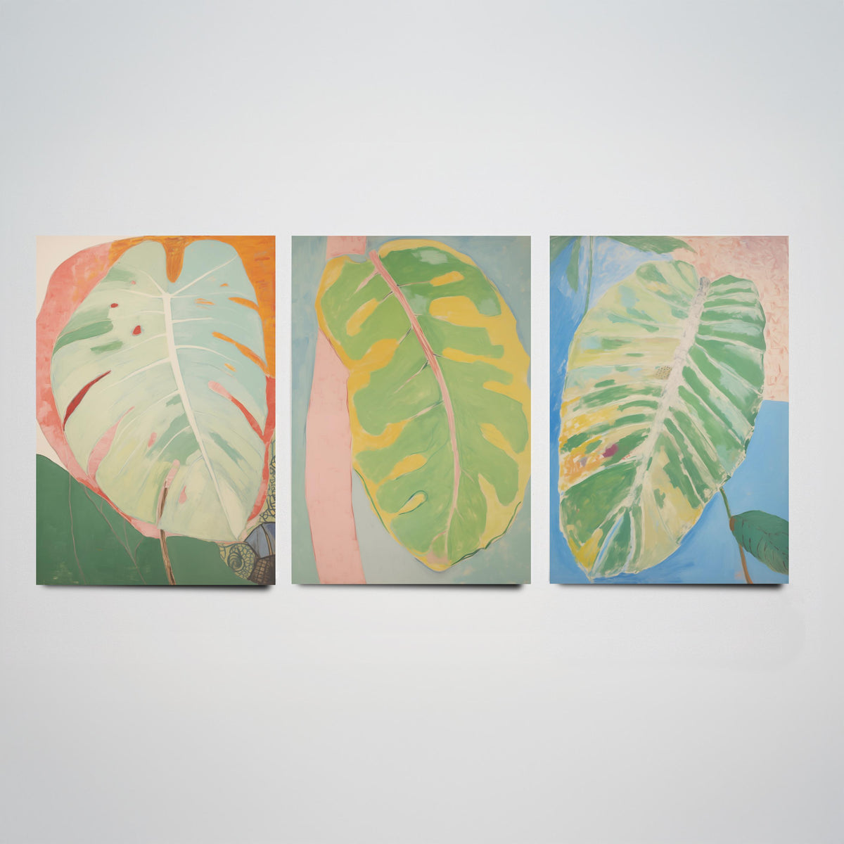 Soft Painted Leaves Set of Three Art Prints - Sage, Lemon and Sky Blue - Light Botanical Painting Poster V2