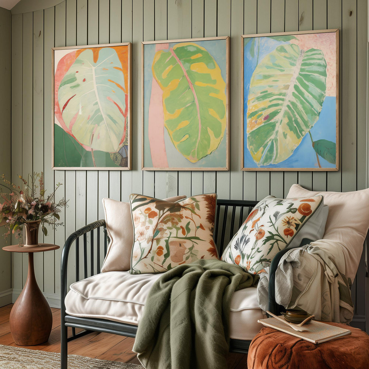 Soft Painted Leaves Set of Three Art Prints - Sage, Lemon and Sky Blue - Light Botanical Painting Poster V2