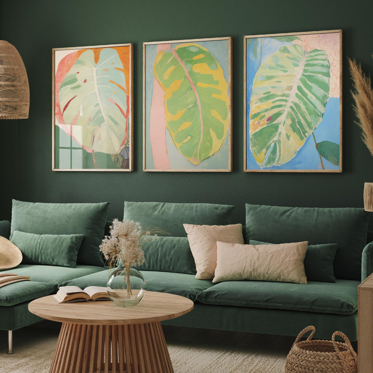 Soft Painted Leaves Set of Three Art Prints - Sage, Lemon and Sky Blue - Light Botanical Painting Poster V2