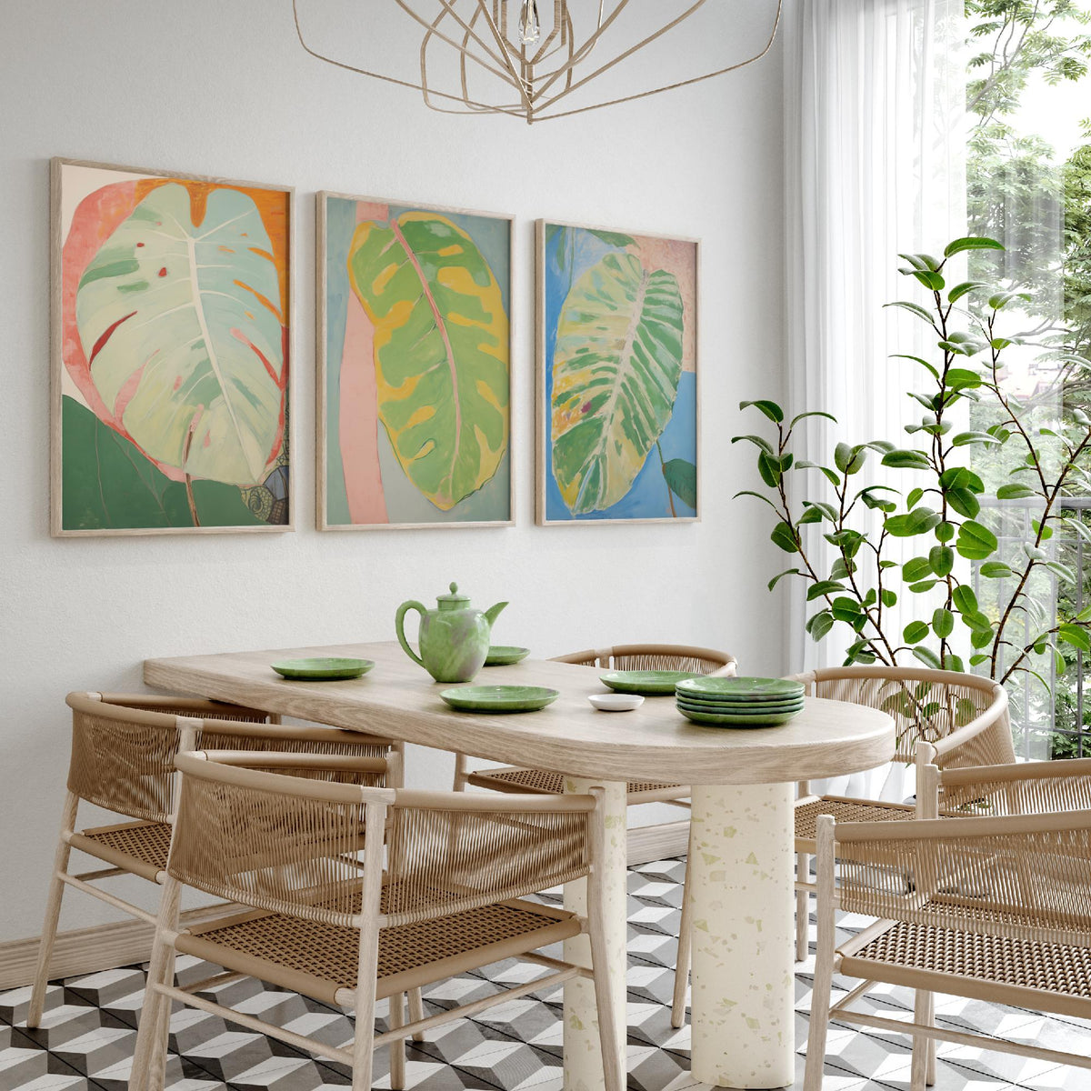 Soft Painted Leaves Set of Three Art Prints - Sage, Lemon and Sky Blue - Light Botanical Painting Poster V2