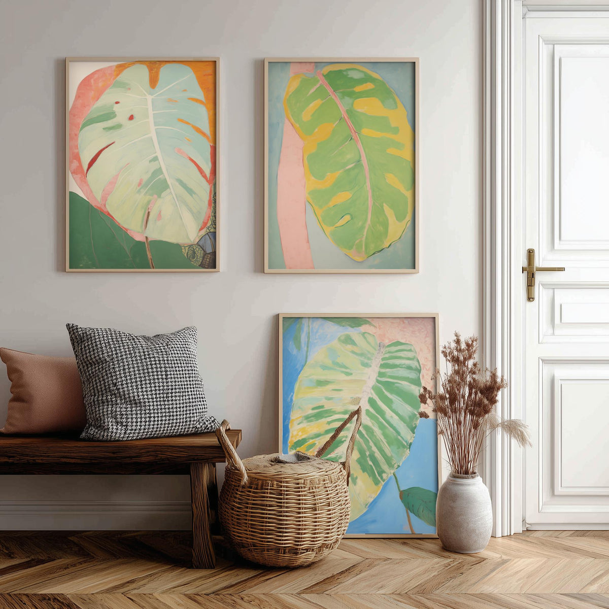 Soft Painted Leaves Set of Three Art Prints - Sage, Lemon and Sky Blue - Light Botanical Painting Poster V2