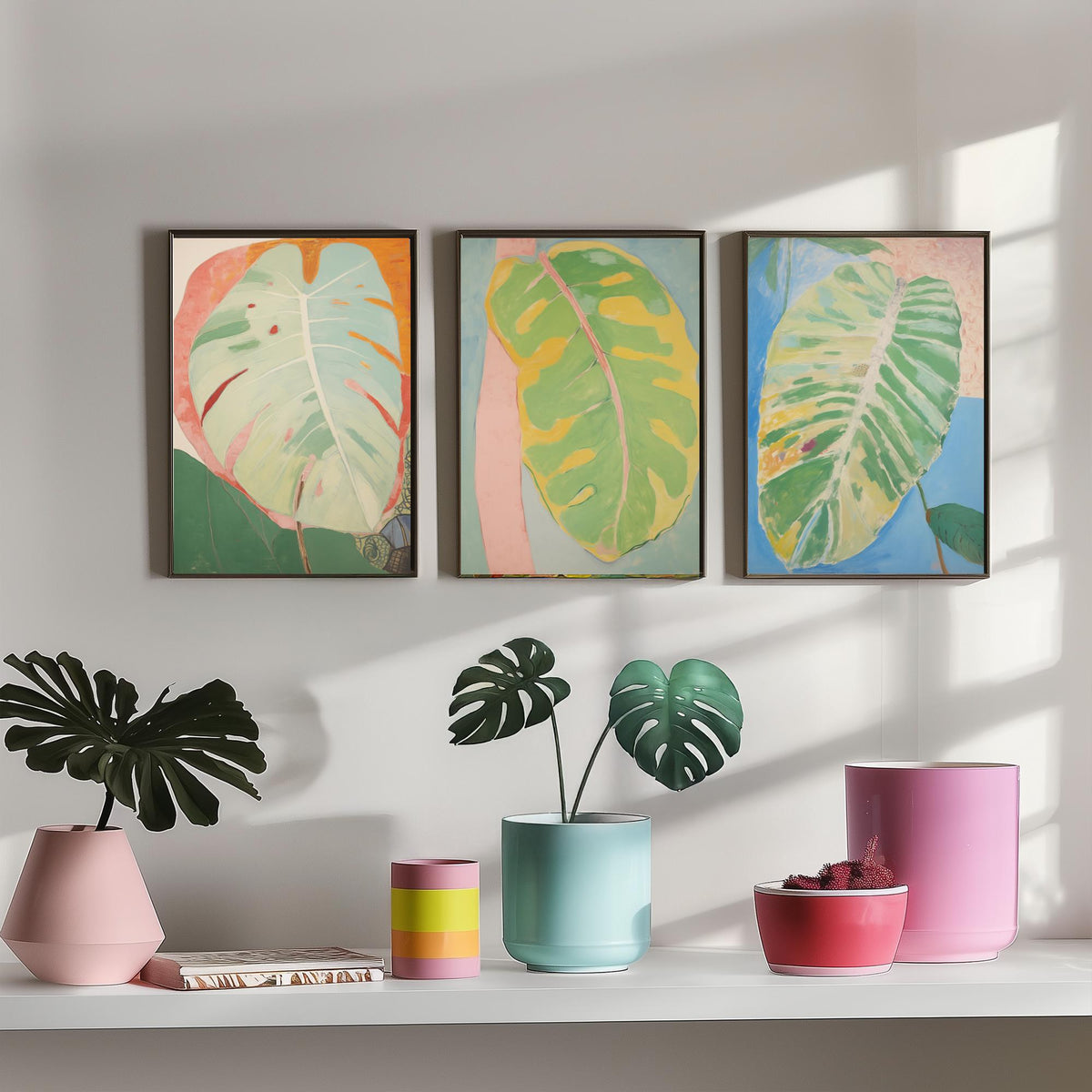 Soft Painted Leaves Set of Three Art Prints - Sage, Lemon and Sky Blue - Light Botanical Painting Poster V2