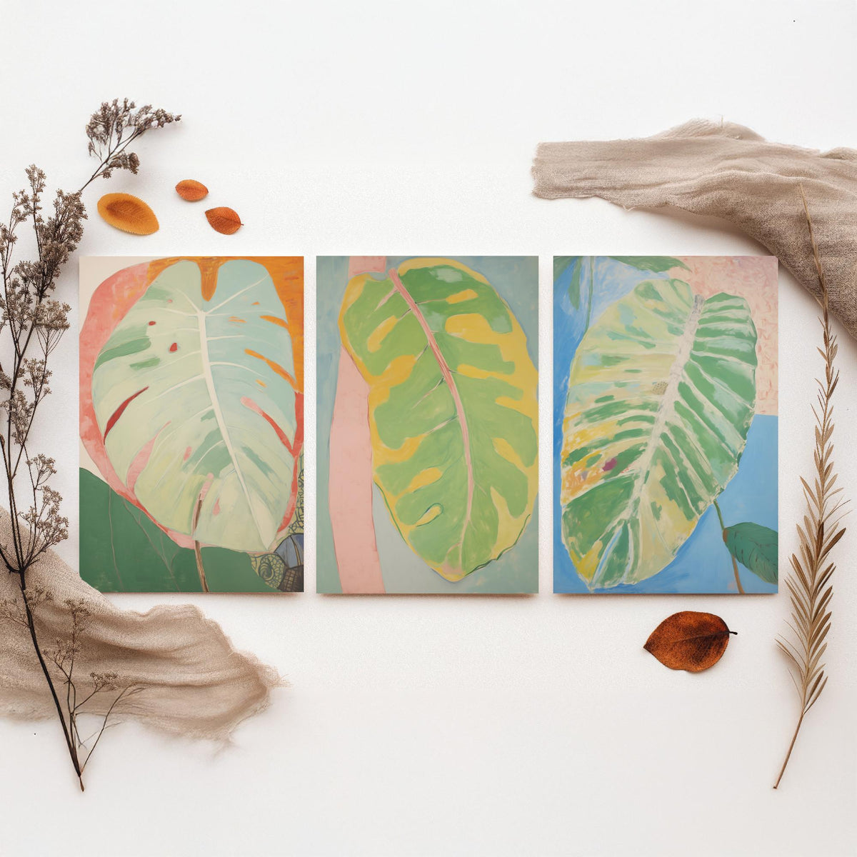 Soft Painted Leaves Set of Three Art Prints - Sage, Lemon and Sky Blue - Light Botanical Painting Poster V2