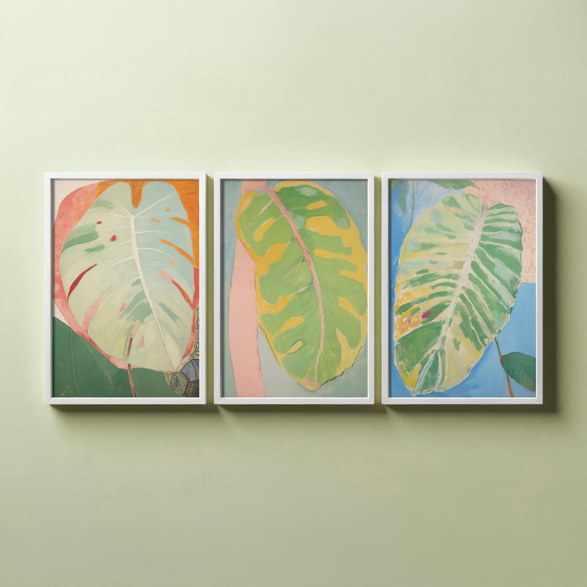 Soft Painted Leaves Set of Three Art Prints - Sage, Lemon and Sky Blue - Light Botanical Painting Poster V2