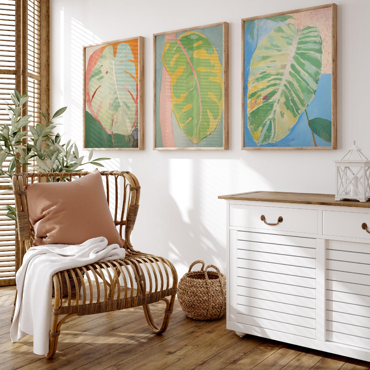 Soft Painted Leaves Set of Three Art Prints - Sage, Lemon and Sky Blue - Light Botanical Painting Poster V2