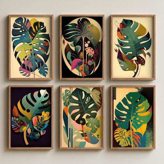 Set of Six Monstera Leaf Paintings - 6 Mid Century Botanical Art Prints - Swiss Cheese Plant, Tropical Foliage, Greenery Painting Poster