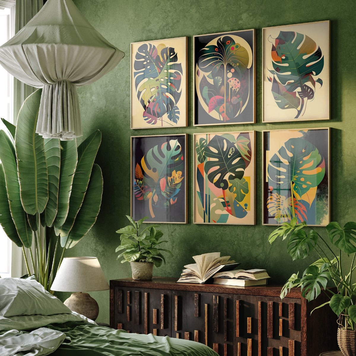 Set of Six Monstera Leaf Paintings - 6 Mid Century Botanical Art Prints - Swiss Cheese Plant, Tropical Foliage, Greenery Painting Poster