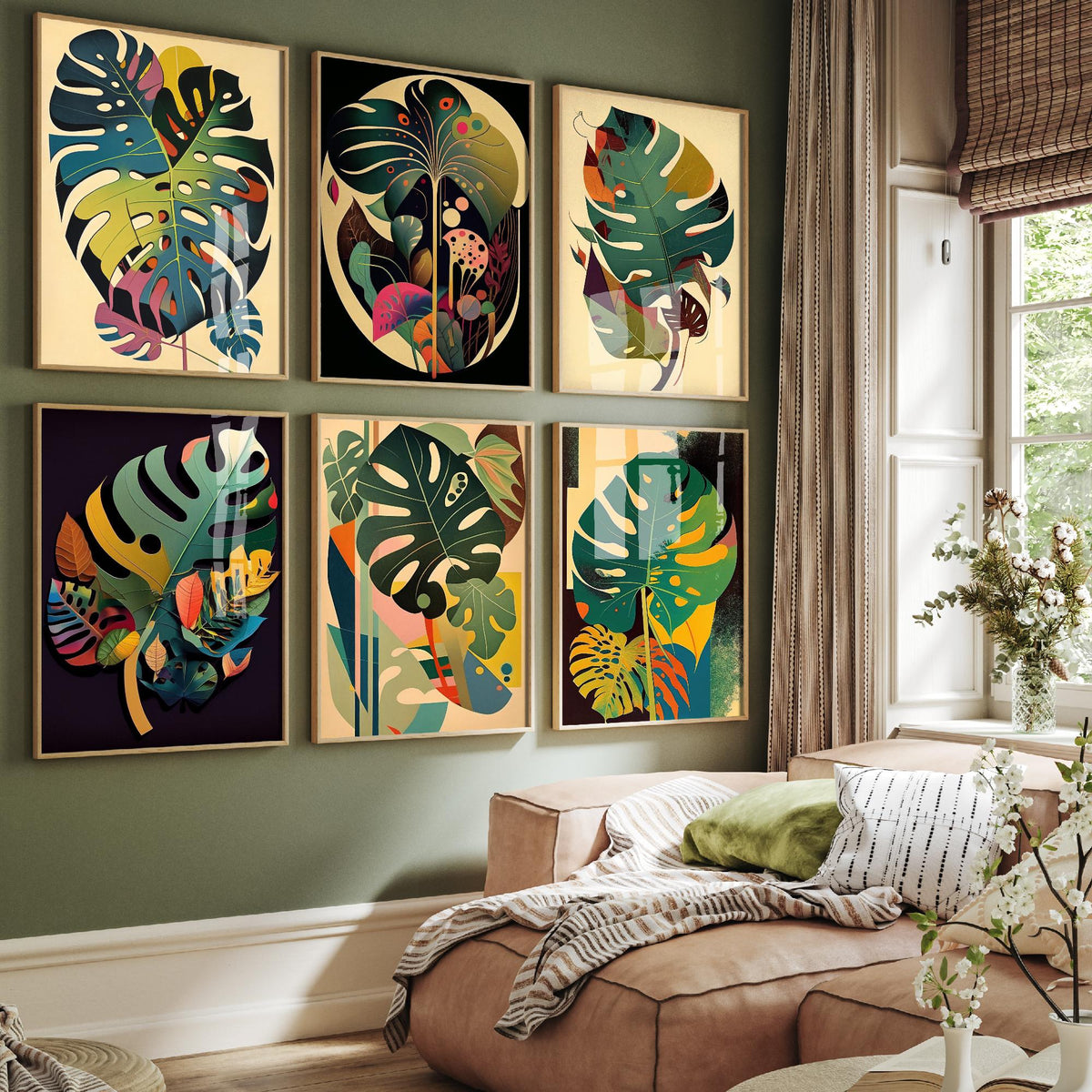 Set of Six Monstera Leaf Paintings - 6 Mid Century Botanical Art Prints - Swiss Cheese Plant, Tropical Foliage, Greenery Painting Poster