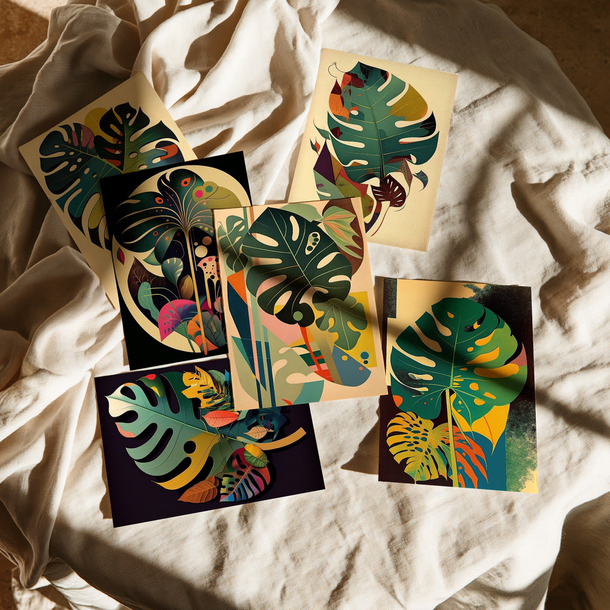 Set of Six Monstera Leaf Paintings - 6 Mid Century Botanical Art Prints - Swiss Cheese Plant, Tropical Foliage, Greenery Painting Poster