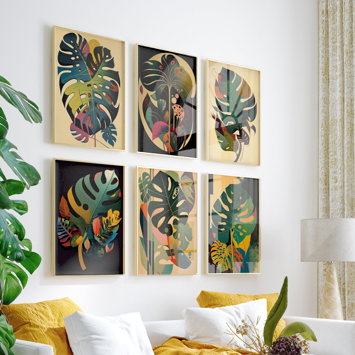 Set of Six Monstera Leaf Paintings - 6 Mid Century Botanical Art Prints - Swiss Cheese Plant, Tropical Foliage, Greenery Painting Poster