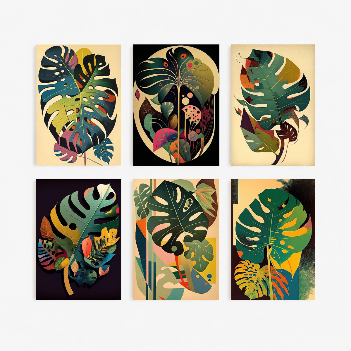 Set of Six Monstera Leaf Paintings - 6 Mid Century Botanical Art Prints - Swiss Cheese Plant, Tropical Foliage, Greenery Painting Poster
