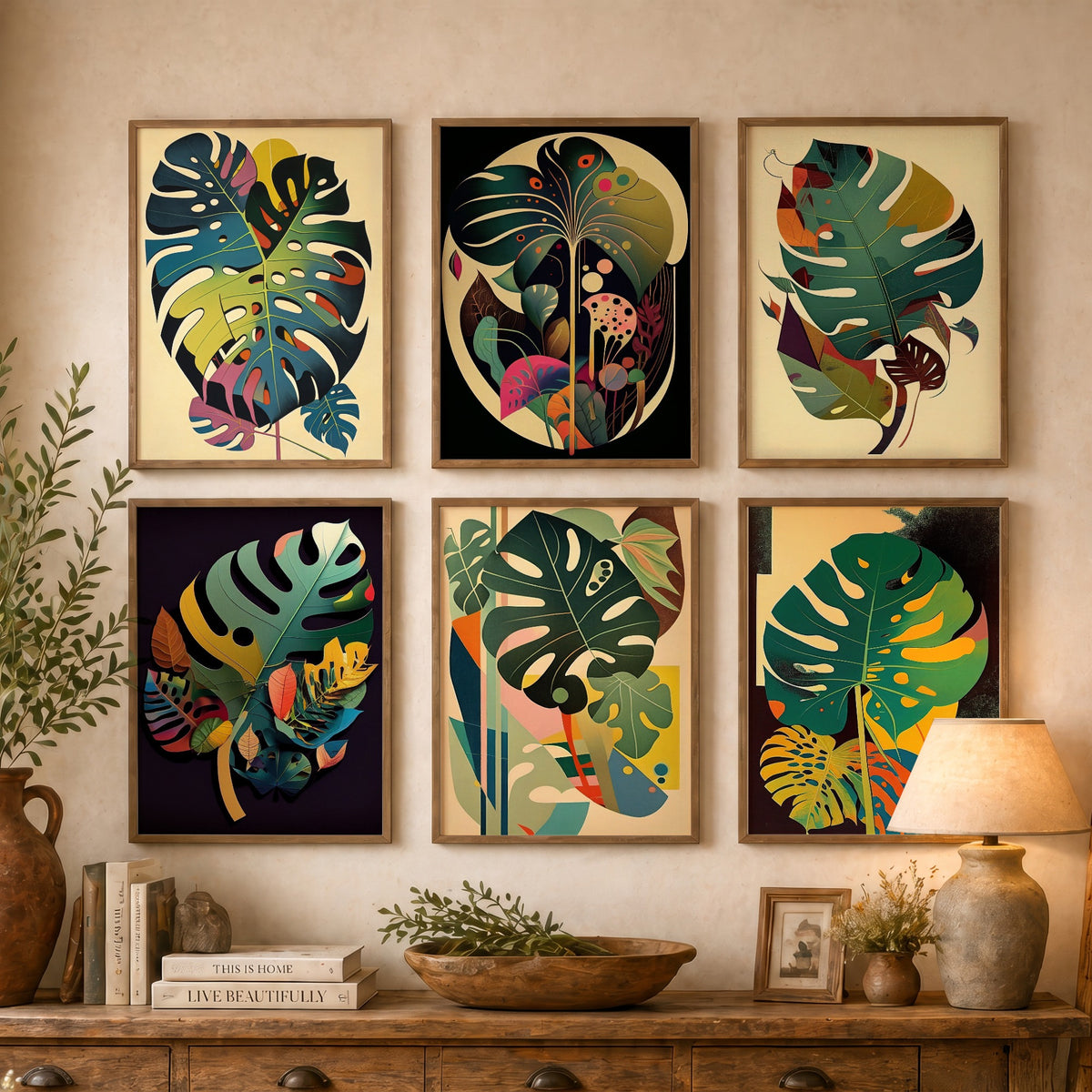 Set of Six Monstera Leaf Paintings - 6 Mid Century Botanical Art Prints - Swiss Cheese Plant, Tropical Foliage, Greenery Painting Poster